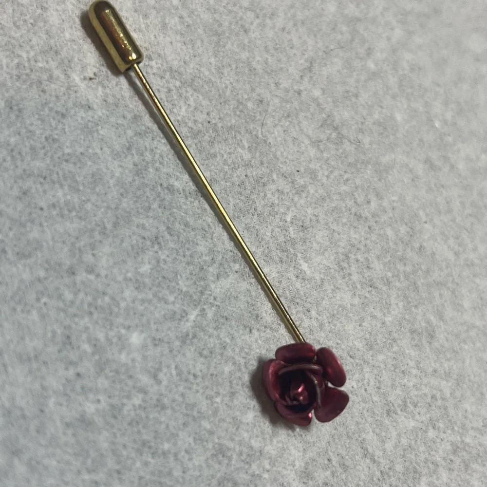 Vintage Stick Pin Red Rose Flower Gold Tone Lapel Hat Brooch Estate Jewelry 2.5